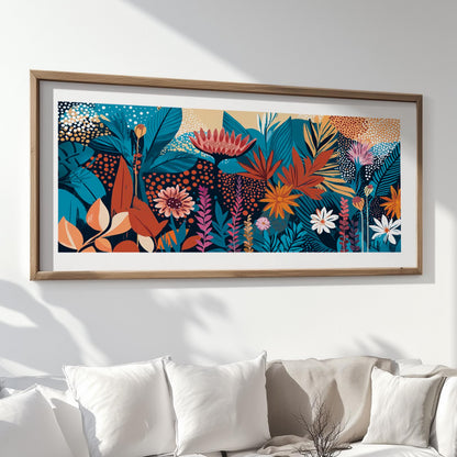 Framed panoramic abstract floral artwork with layered colorful blooms and leaves above sofa
