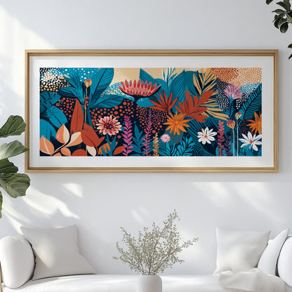 Framed panoramic abstract floral print above a white sofa with greenery and ceramic vase