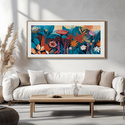Vibrant floral abstract print in a light wood frame centered above a modern white sofa
