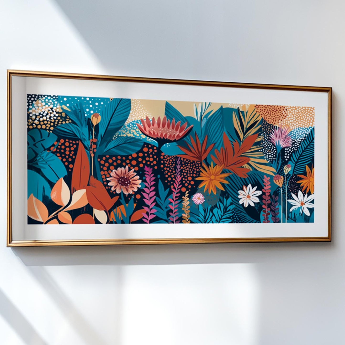 Abstract floral artwork in bold colors, framed in gold, hanging on a sunlit wall