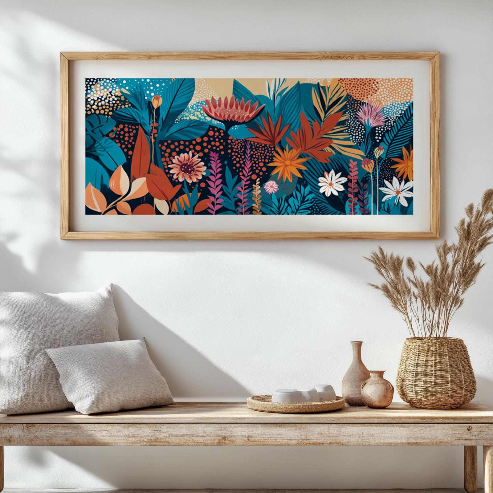 Framed panoramic abstract floral artwork above a wood bench with vases and woven basket