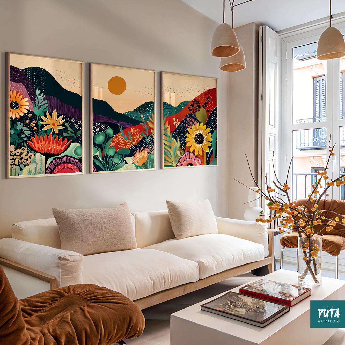 Abstract woodland and wildflower landscape prints in bright colors