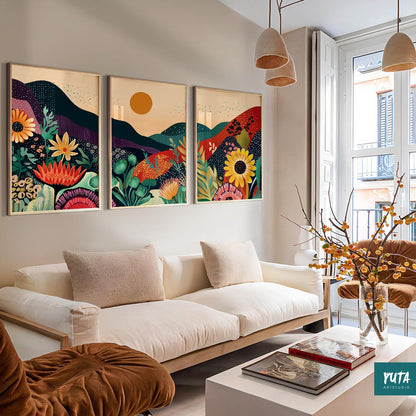 Abstract woodland and wildflower landscape prints in bright colors
