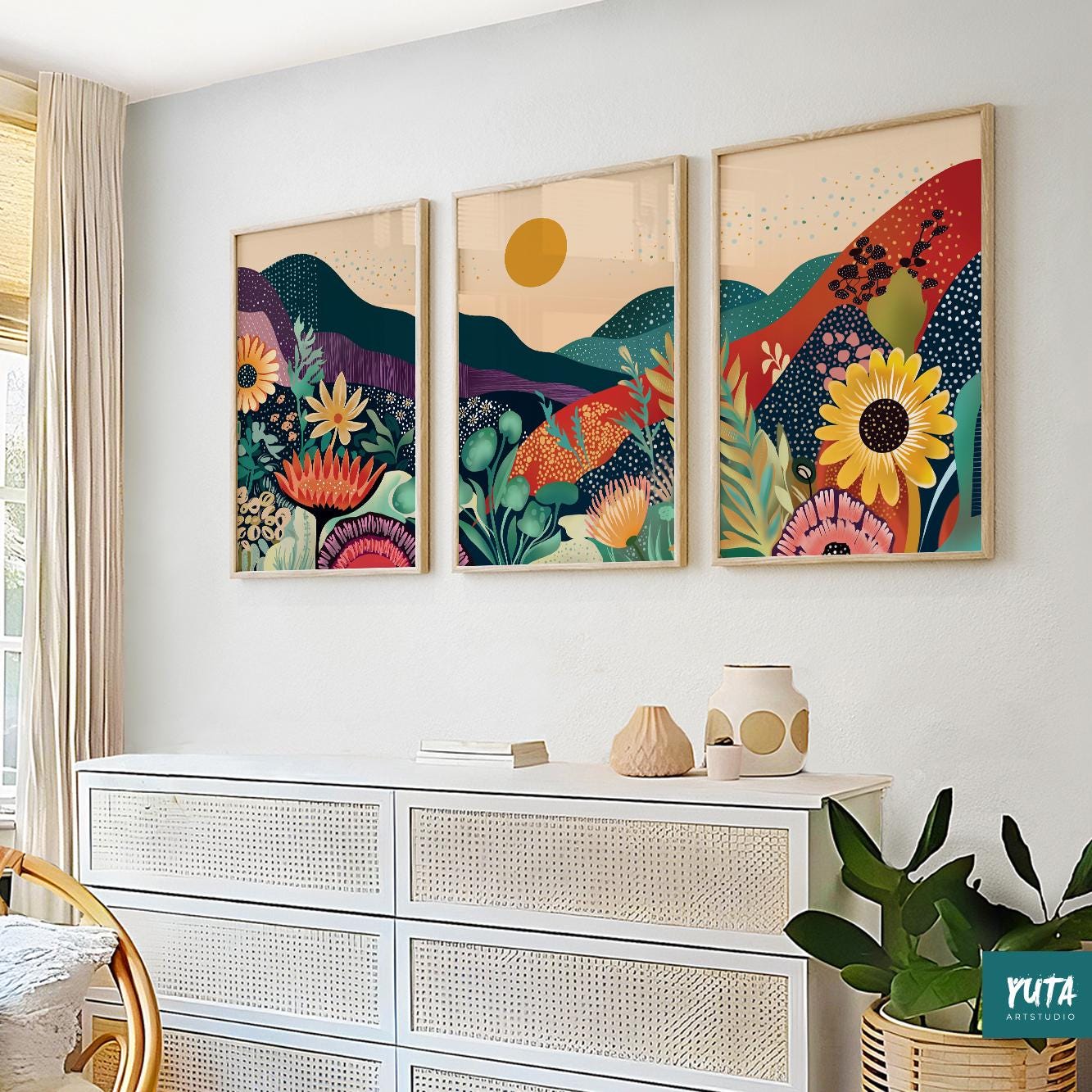 Set of 3 Japandi nature prints, abstract mountain and floral art