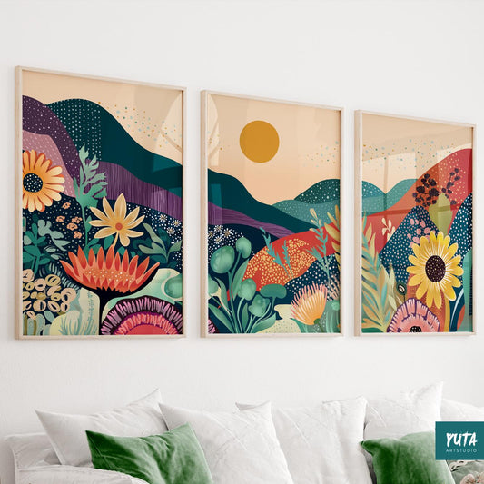 Colorful mountain wall art set of 3 for modern Japandi bedroom