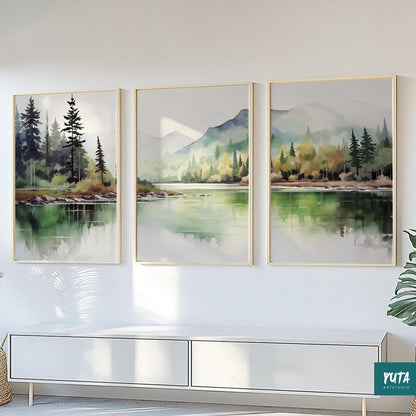 Pastel sage green mountain landscape posters, pine forest art set of 3, nature-inspired home decoration.