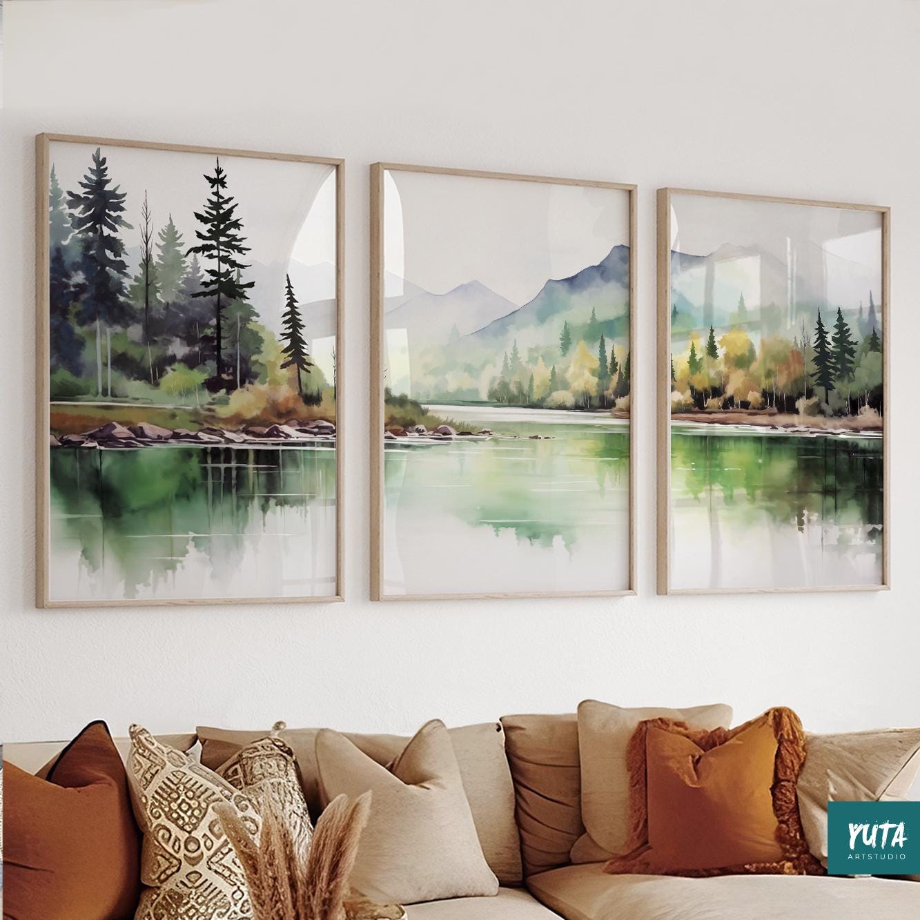 Modern sage green mountain landscape posters, abstract pastel wall art set of 3 for living room or bedroom.