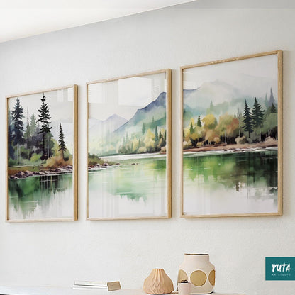 Sage green pastel mountain wall print set of 3 with pine forest and abstract landscape artwork.