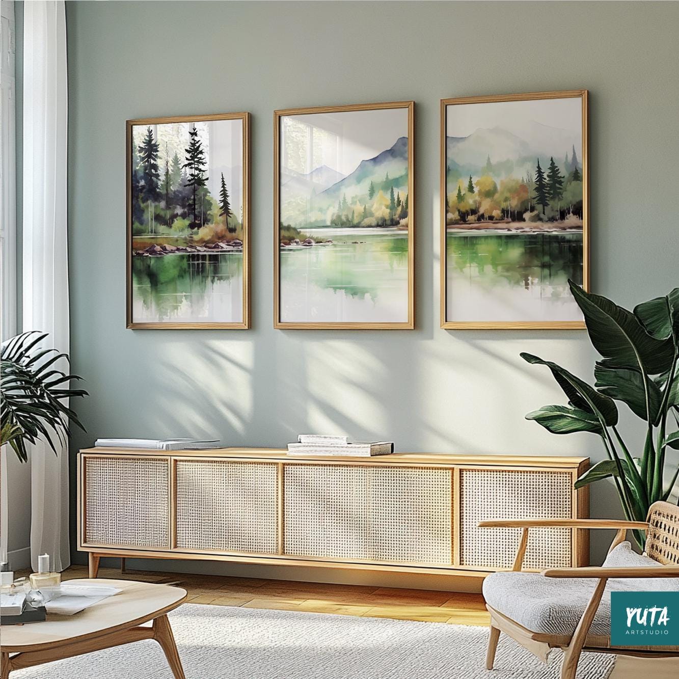 Sage green abstract mountain paintings, pastel nature wall prints set for calming home decor.