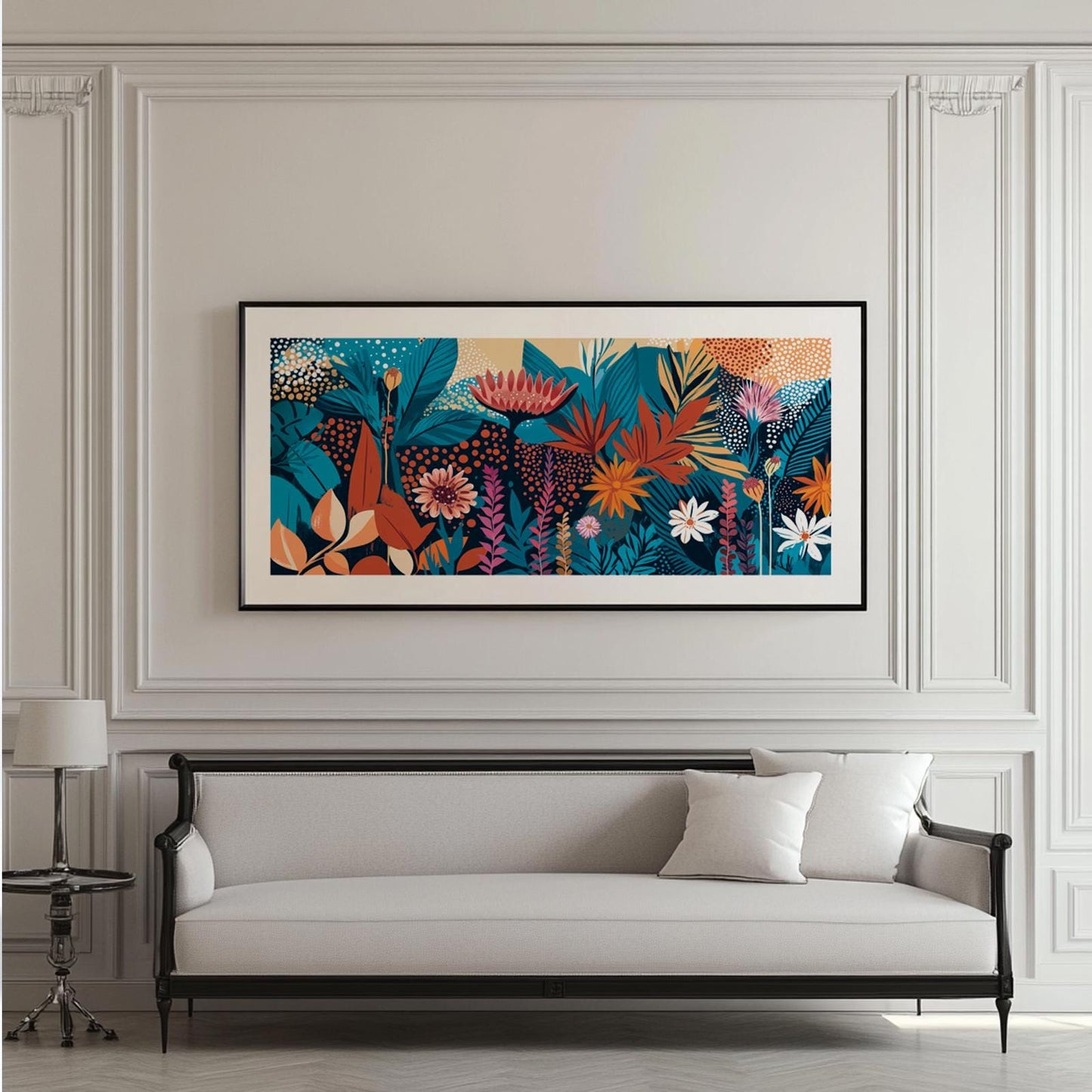 Framed panoramic abstract floral print displayed above a classic sofa in a bright room