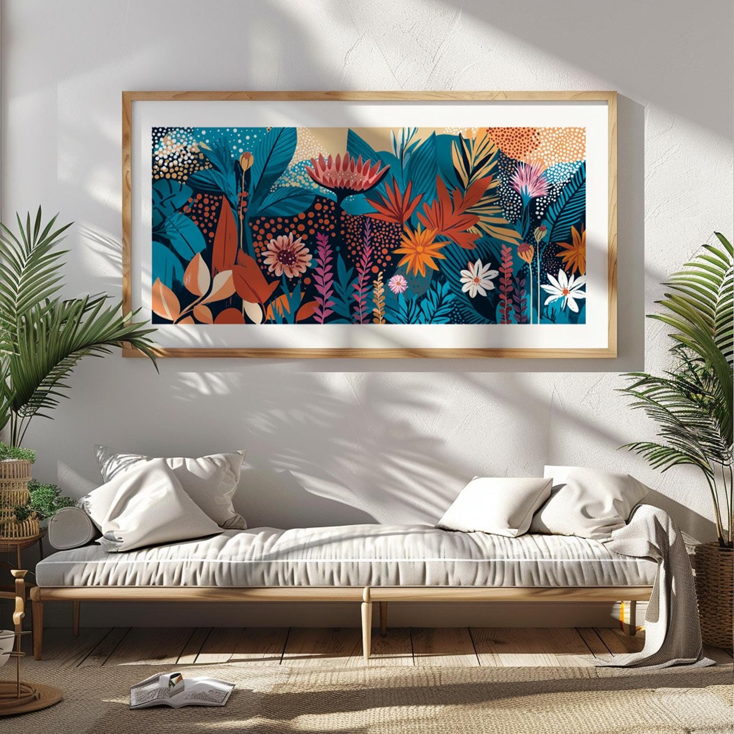 Panoramic vibrant floral abstract print in light wood frame above a cushioned bench