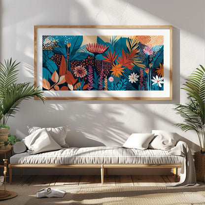 Panoramic vibrant floral abstract print in light wood frame above a cushioned bench