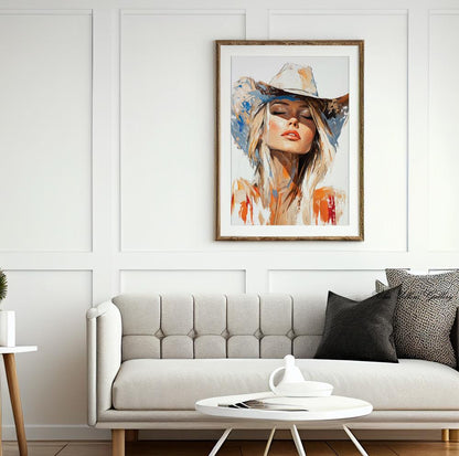 Coastal cowgirl themed art print, abstract western female design for modern home interiors.