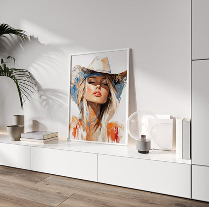 Abstract female cowgirl print, coastal western art poster for bedroom or living room walls.