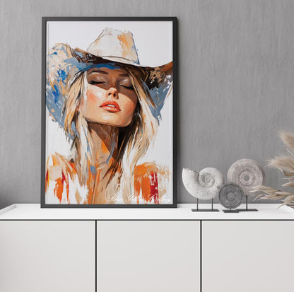Western cowgirl figurative wall art in neutral tones, modern rustic farmhouse wall decor.