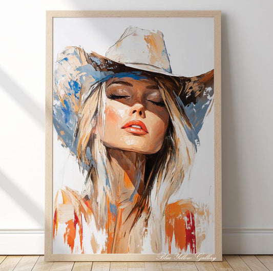 Abstract cowgirl wall art print, modern western female figure in rustic farmhouse style.