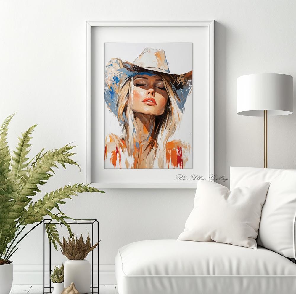 Modern cowgirl wall decor, abstract western woman art in rustic farmhouse aesthetic.