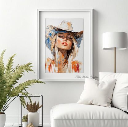 Modern cowgirl wall decor, abstract western woman art in rustic farmhouse aesthetic.