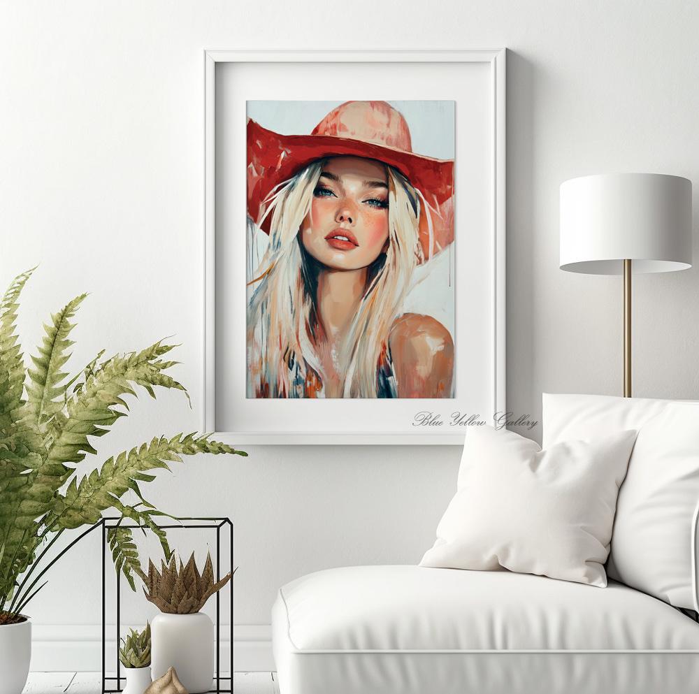 Cowgirl Wall Art, Modern Western Female Print. Coastal Woman in a Red Hat Figurative Art, Rustic Farmhouse Decor, Western Art Print