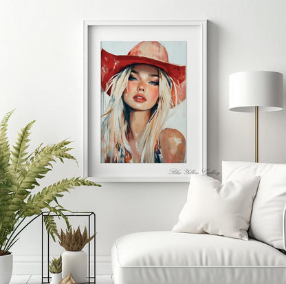 Cowgirl Wall Art, Modern Western Female Print. Coastal Woman in a Red Hat Figurative Art, Rustic Farmhouse Decor, Western Art Print