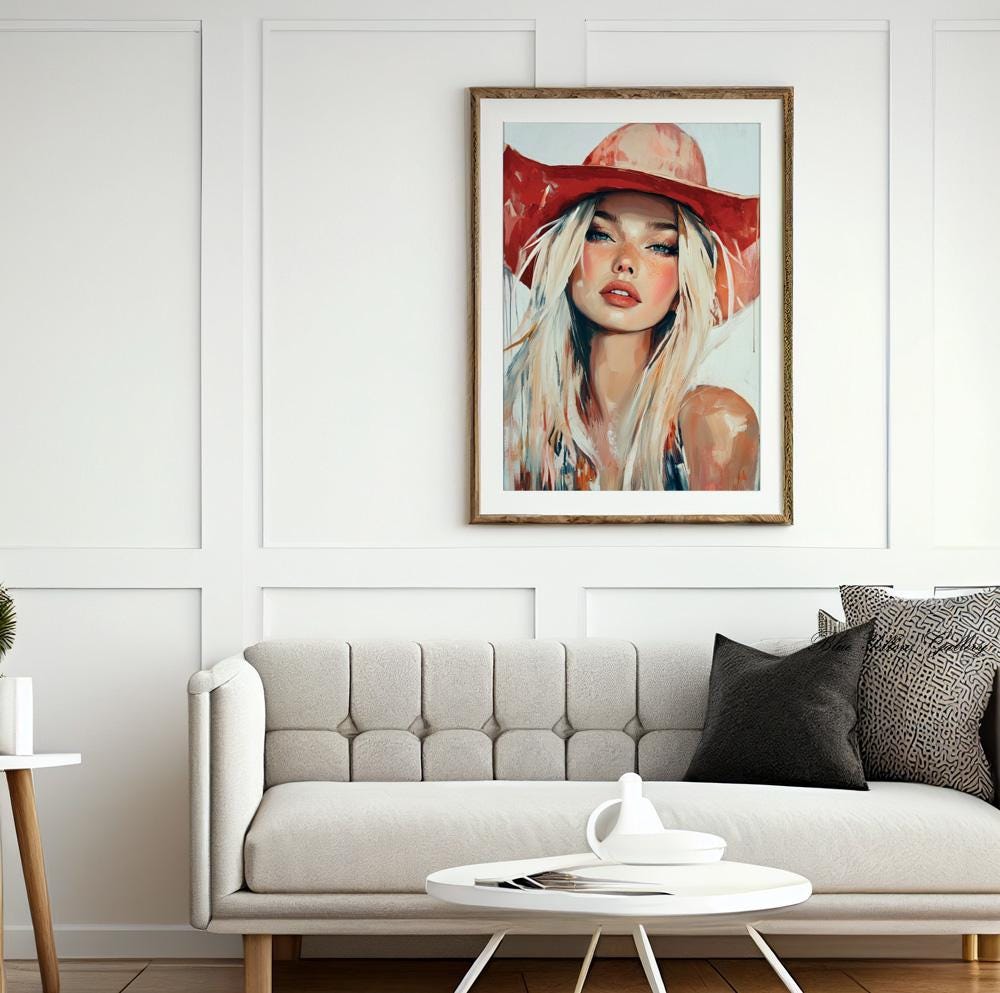 Rustic abstract cowgirl wall print, western farmhouse decor with feminine coastal vibe.