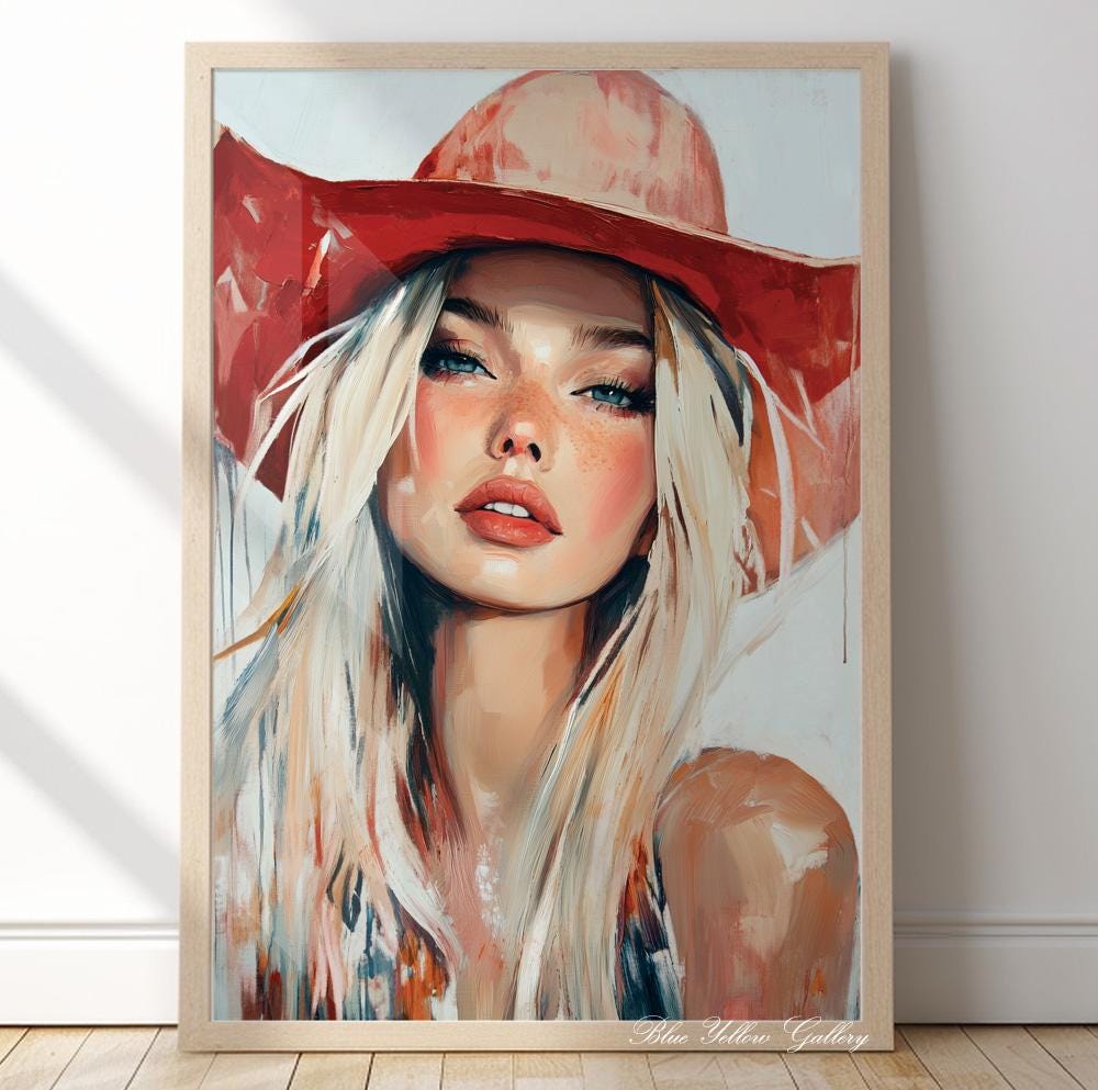 Abstract cowgirl wall art print, modern western female figure in rustic farmhouse style.