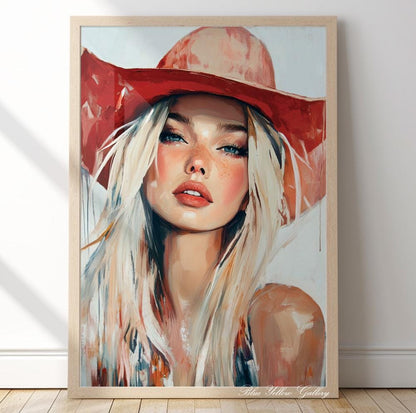 Abstract cowgirl wall art print, modern western female figure in rustic farmhouse style.