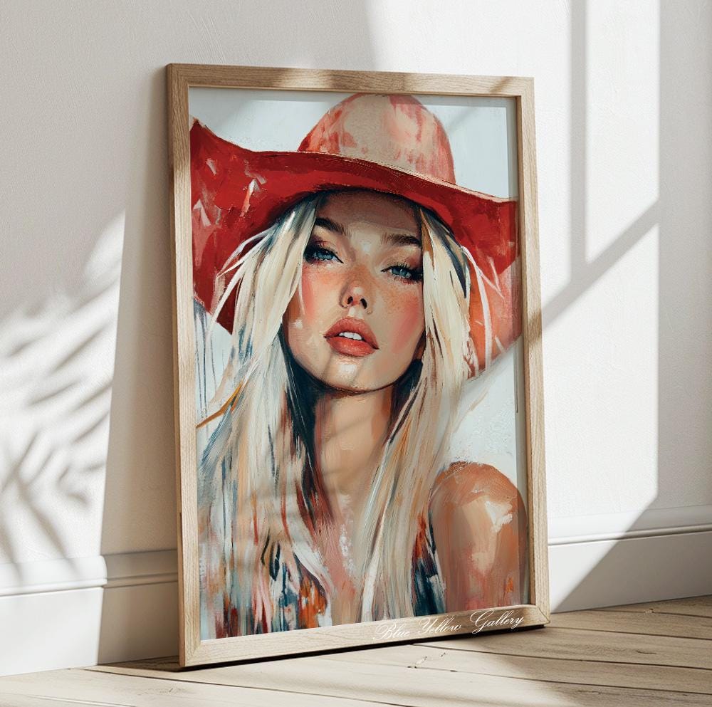 Contemporary cowgirl figurative artwork, western abstract wall print for cozy rustic spaces.