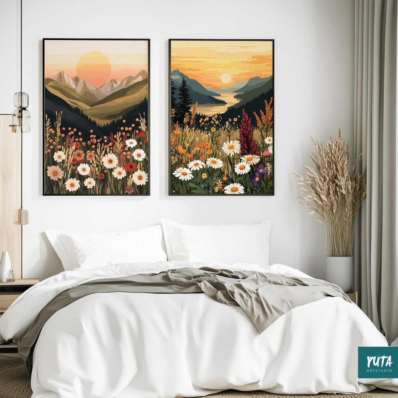 Colorful wildflower and mountain sunset wall art, botanical boho decor set of 2 prints.