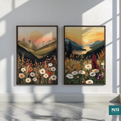 Mountain and floral wall art set, sunset landscape in boho muted color palette for home decor.