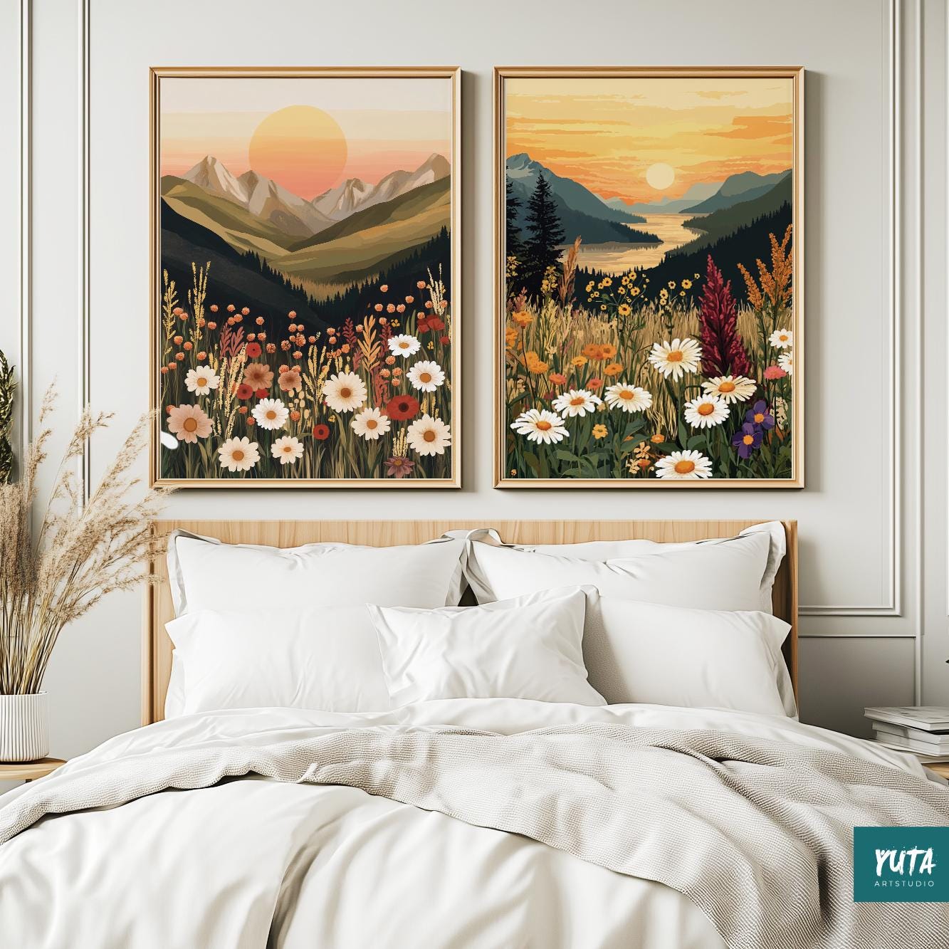 Floral mountain wall decor set, sunset landscape paintings in soft earthy boho tones.