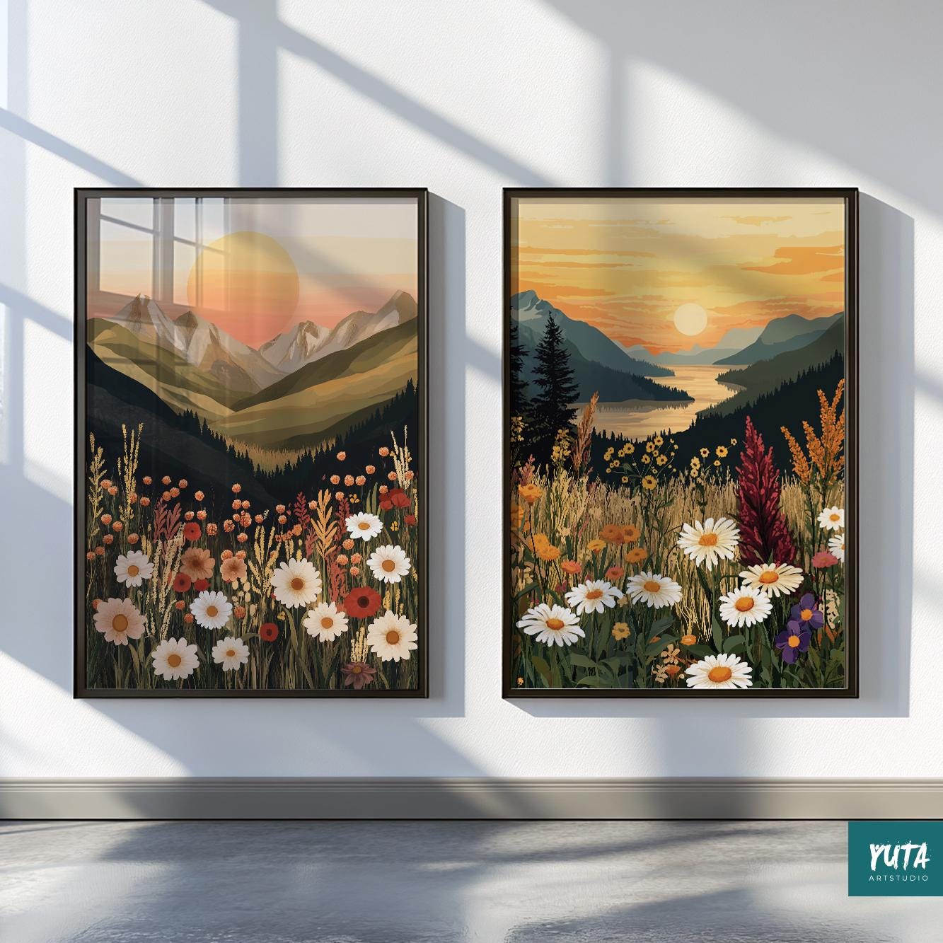 Earthy toned boho mountain landscape and wildflower prints, set of 2 for living room wall decor.