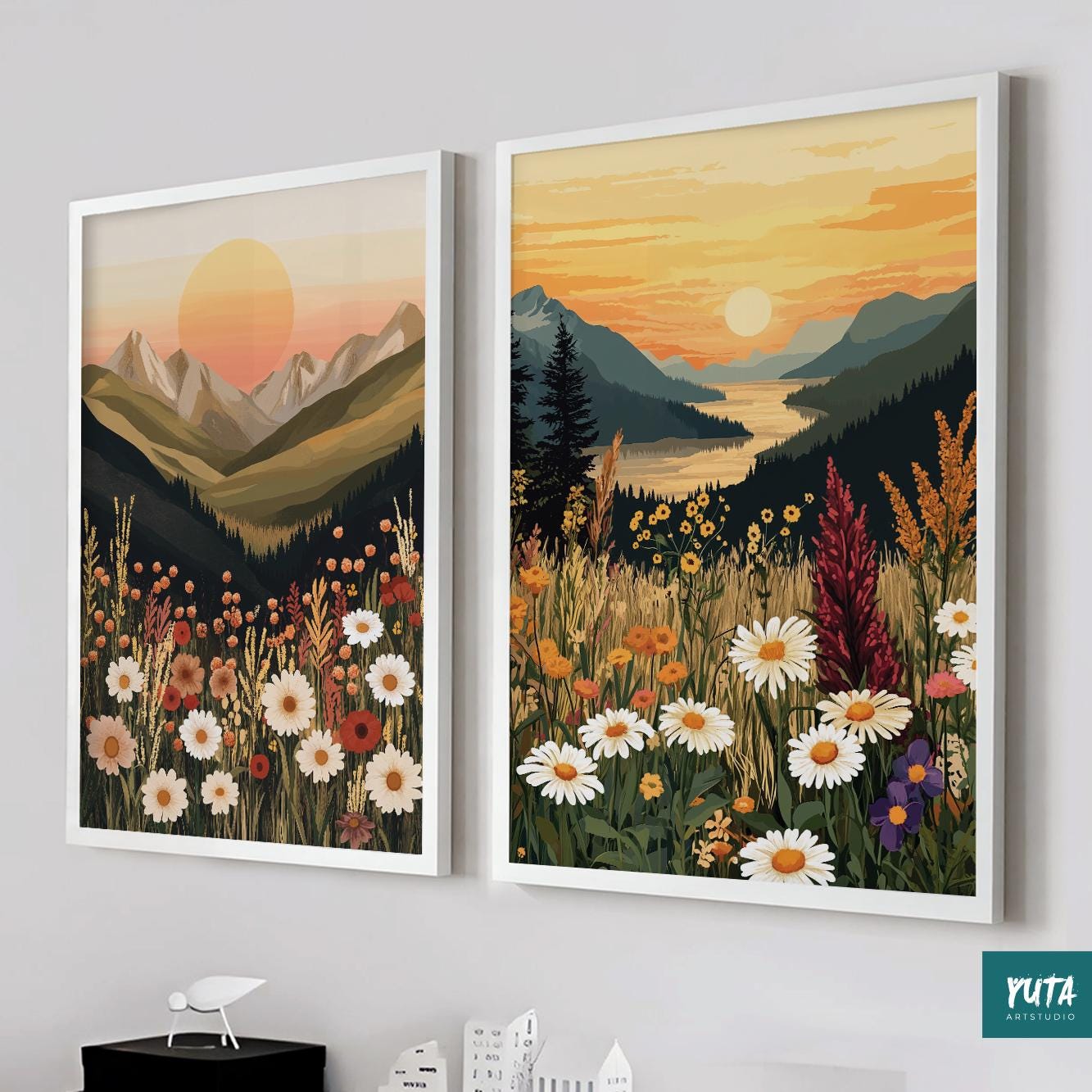 Boho Wildflower Mountain Sunset Landscape Painting Wall Art Set of 2 Print. Colorful Mountain Scenery Floral Botanical Muted Tone Wall Decor