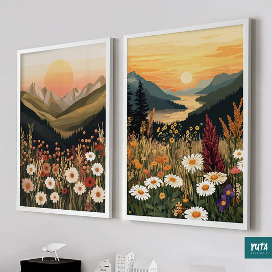 Boho Wildflower Mountain Sunset Landscape Painting Wall Art Set of 2 Print. Colorful Mountain Scenery Floral Botanical Muted Tone Wall Decor