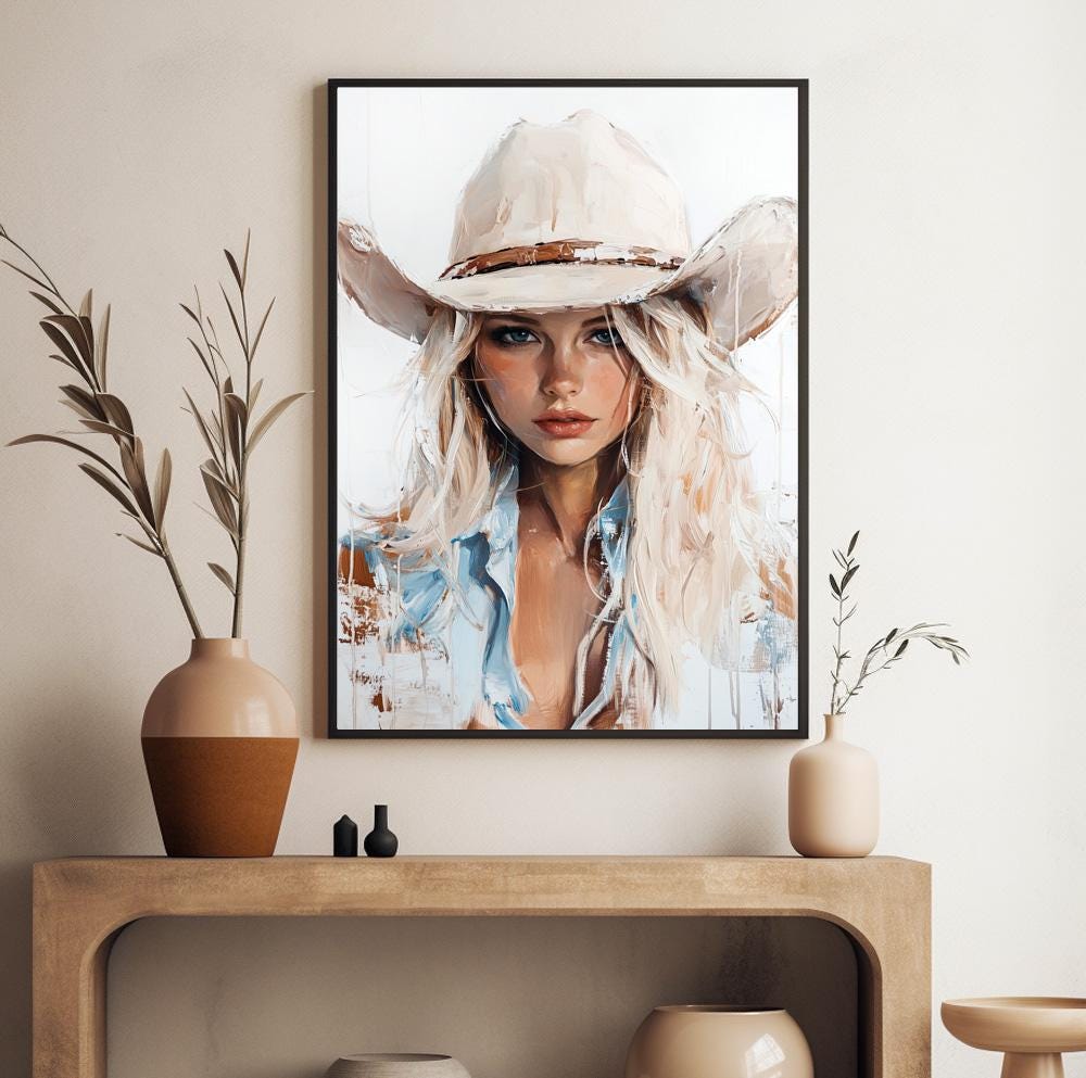 Neutral Abstract Cowgirl Wall Art, Western Art Print, Cowgirl Figurative Art, Rustic Farmhouse Decor, Modern Western Female Print.