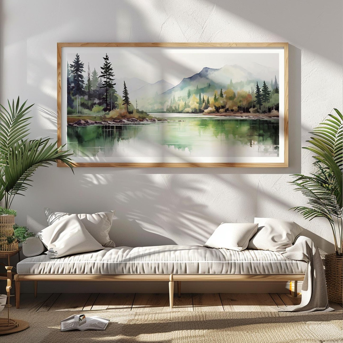 Large framed forest mountain watercolor print shown above a daybed for scale reference
