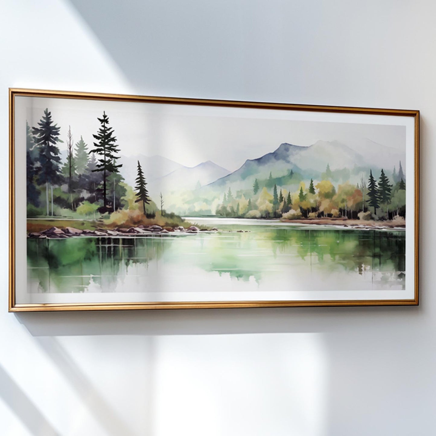 Watercolor landscape of pine forest and mountains in a gold frame, lit by soft daylight