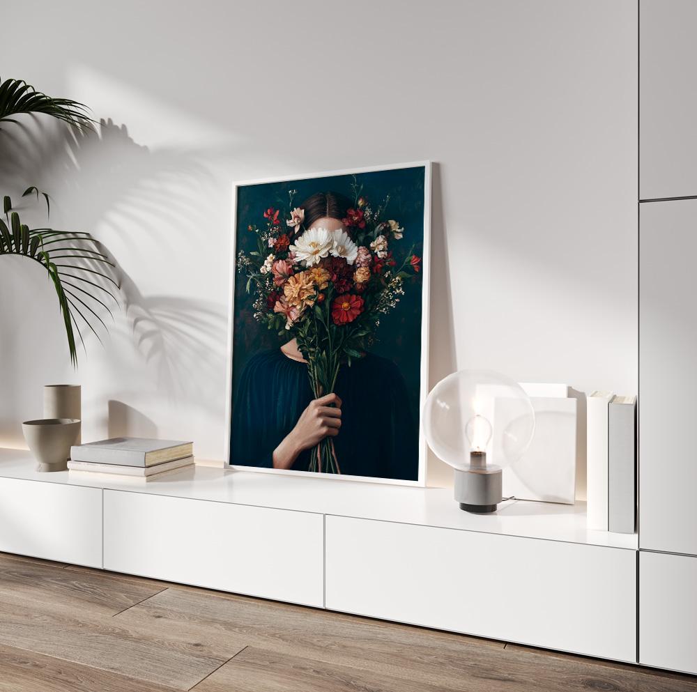 Feminine abstract wall art – navy blue woman print with floral accents, vintage-style home decor