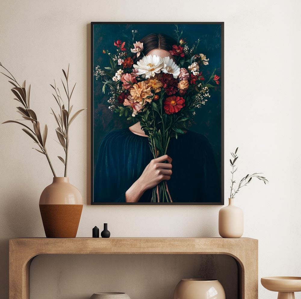 Boho chic abstract female portrait print – navy blue vintage-inspired flower artwork