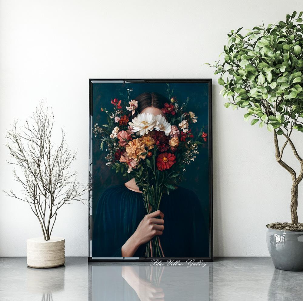 Elegant abstract woman with flowers – navy blue printable art for modern and vintage decor