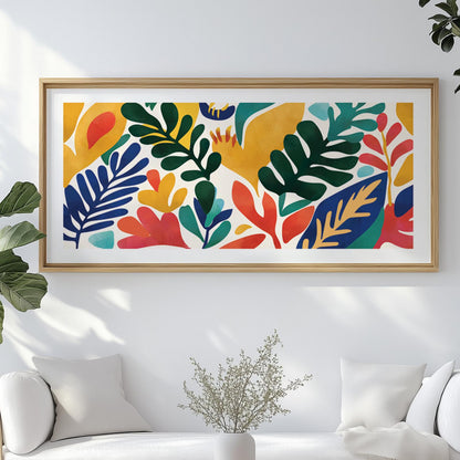 Panoramic botanical composition in bold Matisse-inspired shapes framed above a white sofa