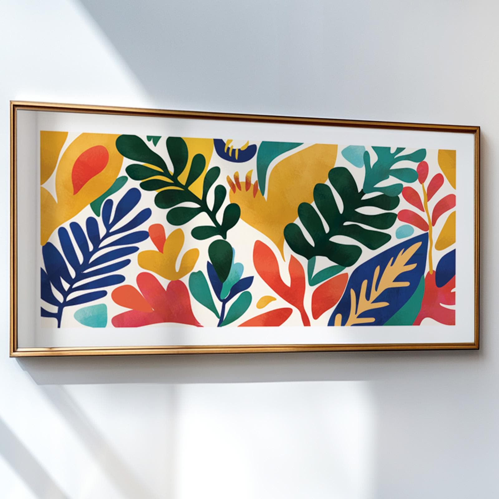 Framed Matisse-style botanical print with bold, colorful leaves above a light console.
