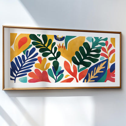 Framed Matisse-style botanical print with bold, colorful leaves above a light console.