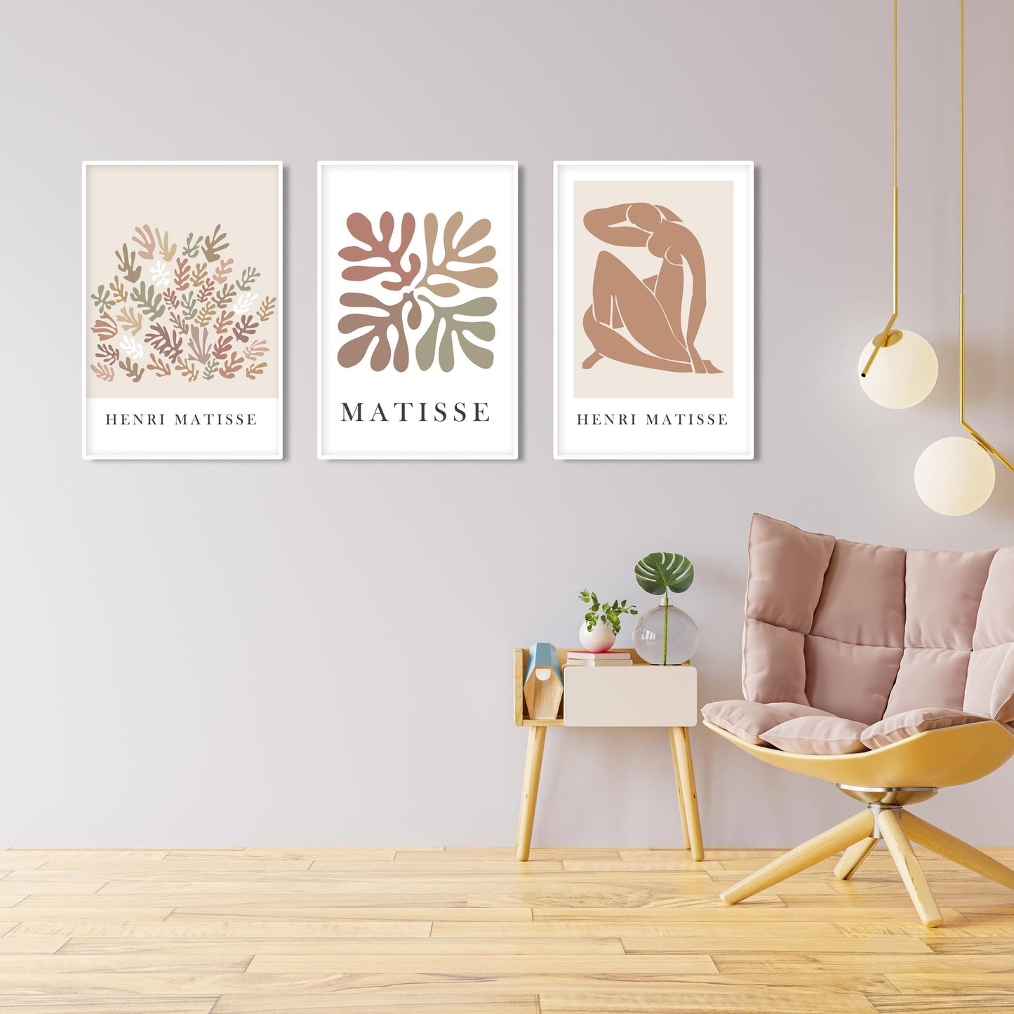 Trio of framed beige Matisse prints in a mid-century style, highlighted by soft daylight.