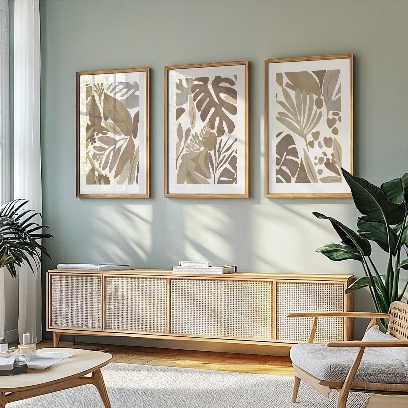 Three framed abstract tropical botanical prints in neutral tones above a rattan sideboard