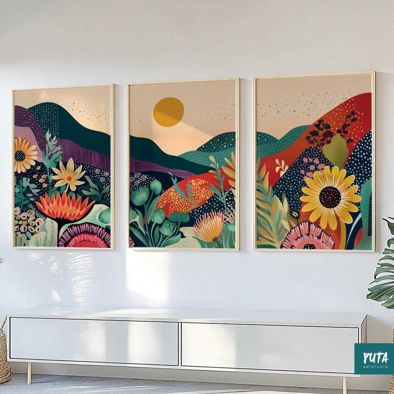 Japandi style nature wall art, set of 3 colorful mountain posters