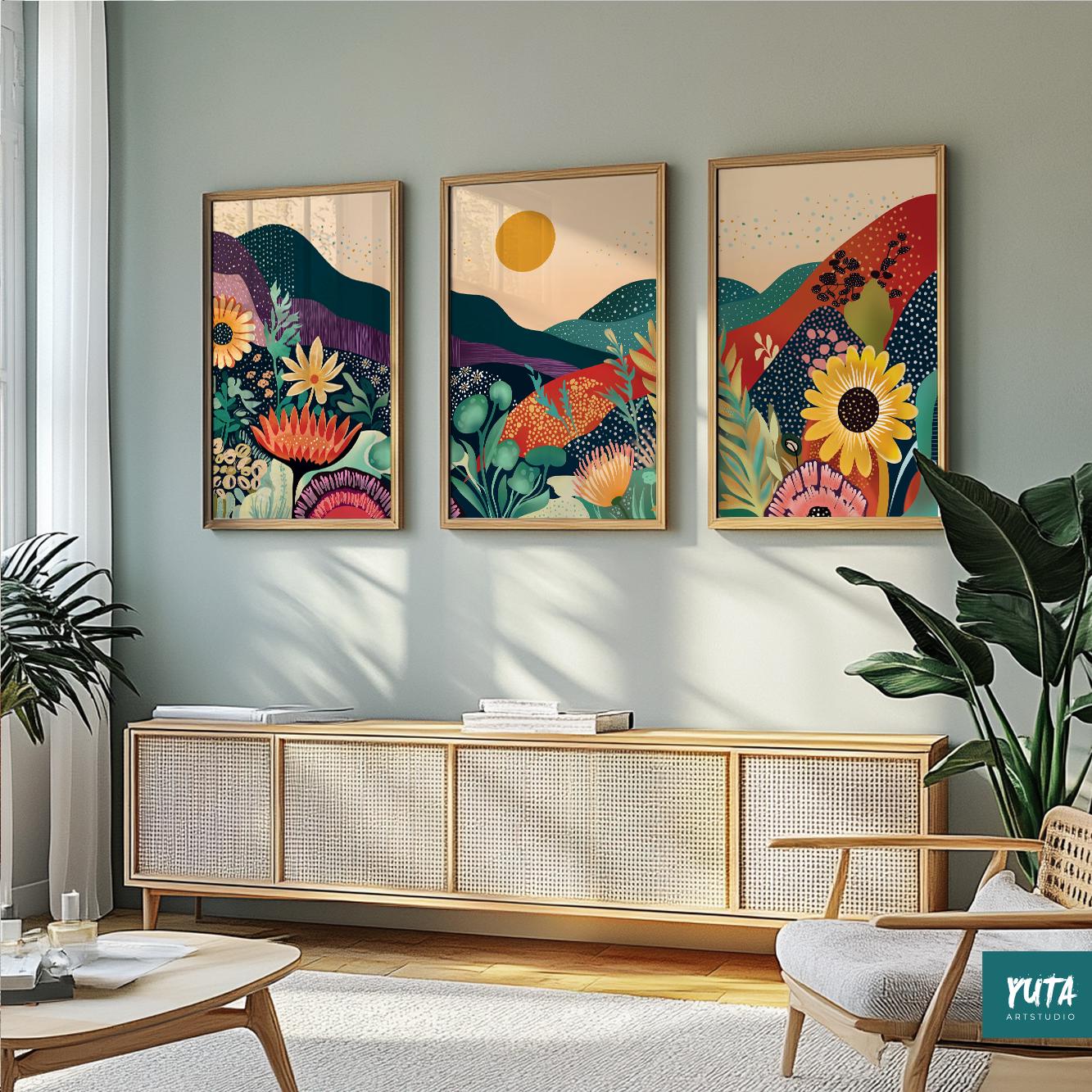 Eclectic colorful landscape prints with wildflowers and hills