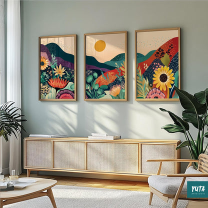 Eclectic colorful landscape prints with wildflowers and hills