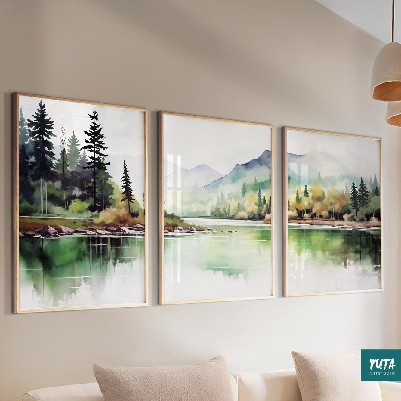 Set of 3 mountain wall art prints in pastel sage green, featuring pine forest and minimalist landscape design.