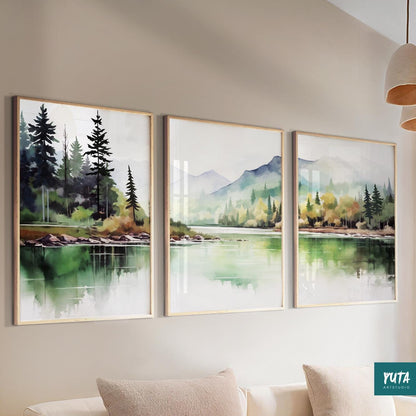 Set of 3 mountain wall art prints in pastel sage green, featuring pine forest and minimalist landscape design.